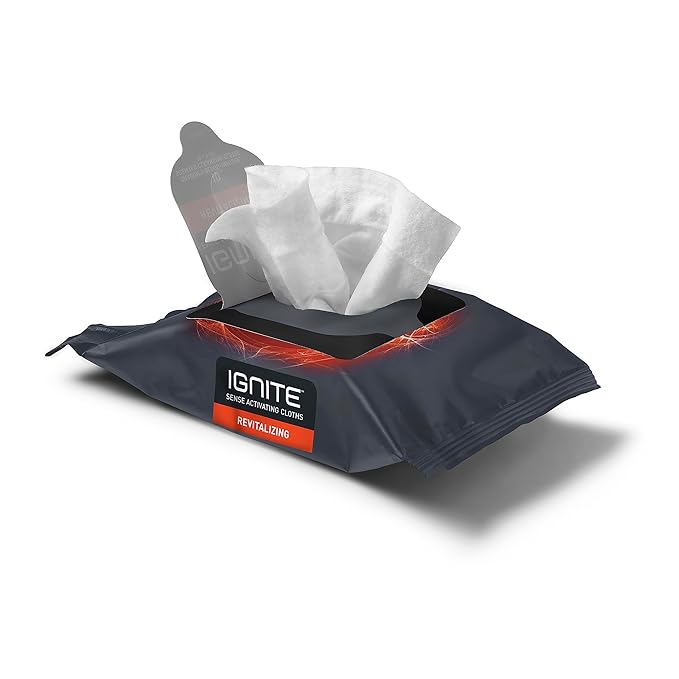 Ignite Mens Body Wet Wipes, Extra Thick 8" x 8" Shower Wipes, Revitalizing Scent, 10 Count (Pack of 3)