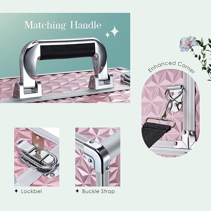 Joligrace Makeup Train Case Professional Cosmetic Organizer Aluminum Storage Box with 4 Adjustable Dividers Trays Lockable Portablewith Shoulder Strap - Neutral Pink