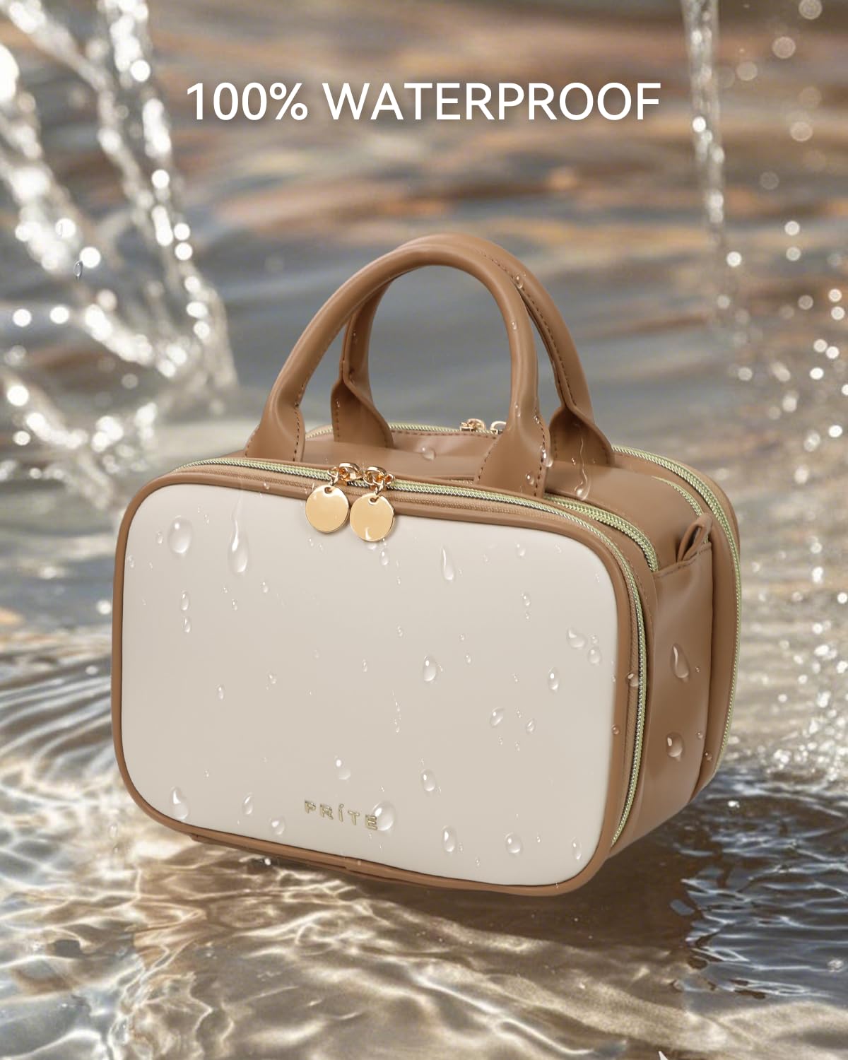 Prite Large Makeup Bag, Waterproof Travel Cosmetic Case with Brush Holder