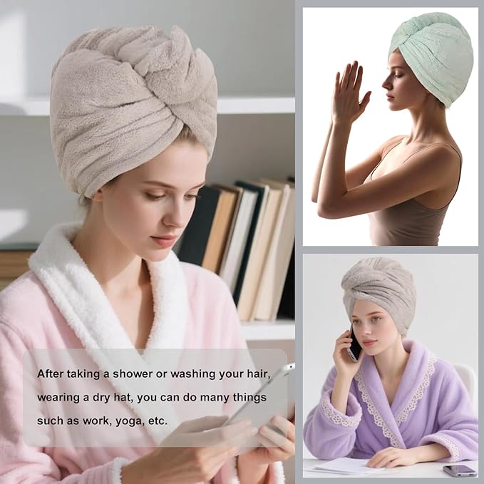 Microfiber Hair Drying Towel Wrap for Women, Hair Turbans Towel for Wet Hair,turbie Twist Hair Towels(The Color of the Picture is for Reference only) (Gray,Light Green)