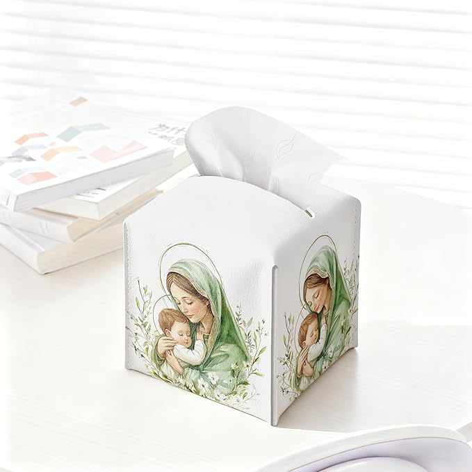Holy Infant & Virgin Mary Square Tissue Box Cover, PU Leather Drawstring Bottom, for Office, Bathroom, Home Prayer Room, Christian & Catholic Friends, Colleagues, Employees | Decorative Organizer