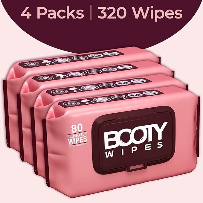 BOOTY WIPES Feminine Flushable Wipes Wome, 320 Count (4 Packs of 80) Wet Wipes for Adults, pH Balanced with Aloe and Vitamin E, Gentle Cleansing Female Toilet Wipes for Sensitive Skin