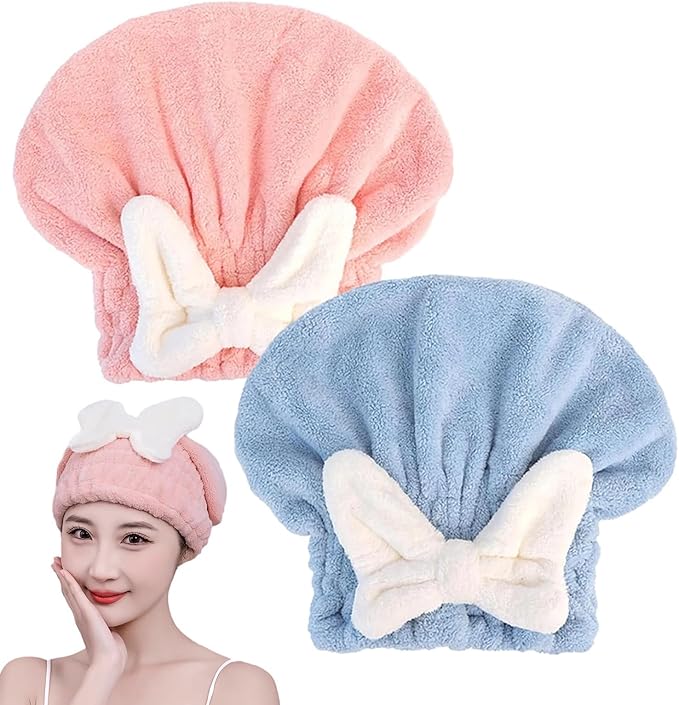 YUMINGUHC Microfiber Hair Drying Caps for Women 2Pack Pink+Blue