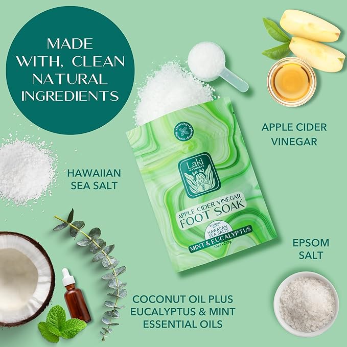 Laki Naturals Apple Cider Vinegar Foot Soak, Foot Detox Soak, Pedicure Soak, Foot Soak Callus Remover, Foot Treatment, Epsom Salt Foot Soak with Hawaiian Sea Salts (10 oz) (Mint & Eucalyptus)