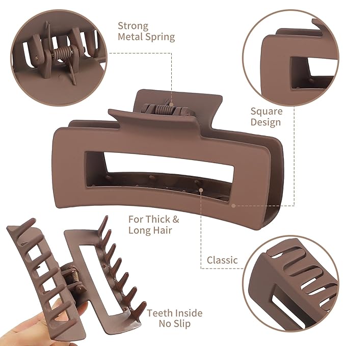 Sisiaipu 12 Pcs Large Hair Claw Clips for Thick Hair, 4.1 x 2.1 x 1.2 Inch, Square Hair Clips Jumbo Jaw Clips, Bulk Hair Accessories for Women and Girls - Brown