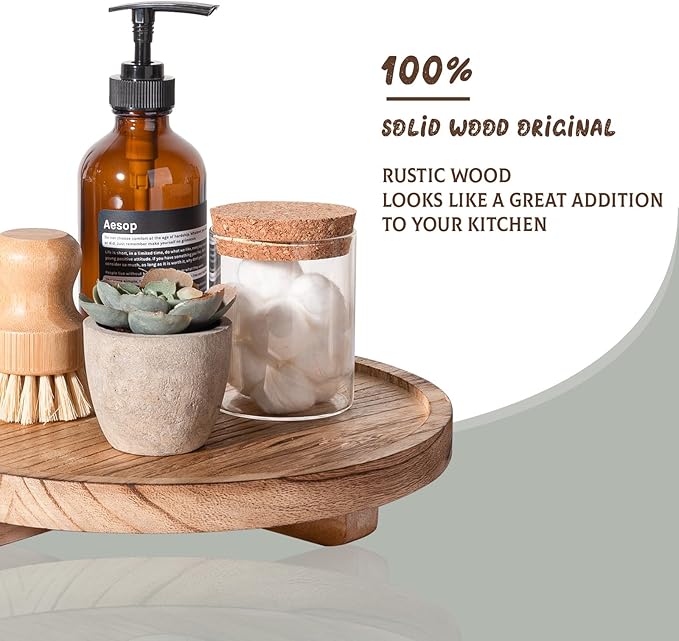 Round Decorative Tray Wood Bathroom Counter Organizer Farmhouse Kitchen Decor Wooden Riser for Soap Dish, Perfume, Candle, Sponge, 10" - Brown