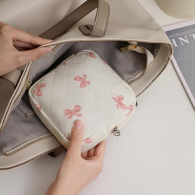 2pcs Small Quilted Cotton Makeup Bag for Purse, Cosmetic Bag with Compartments, Cotton Aesthetic Makeup Bag, Travel Toiletry Pouch, Lipstick Bag Card Holder Data Cable Organizer (Pink Bow Set)