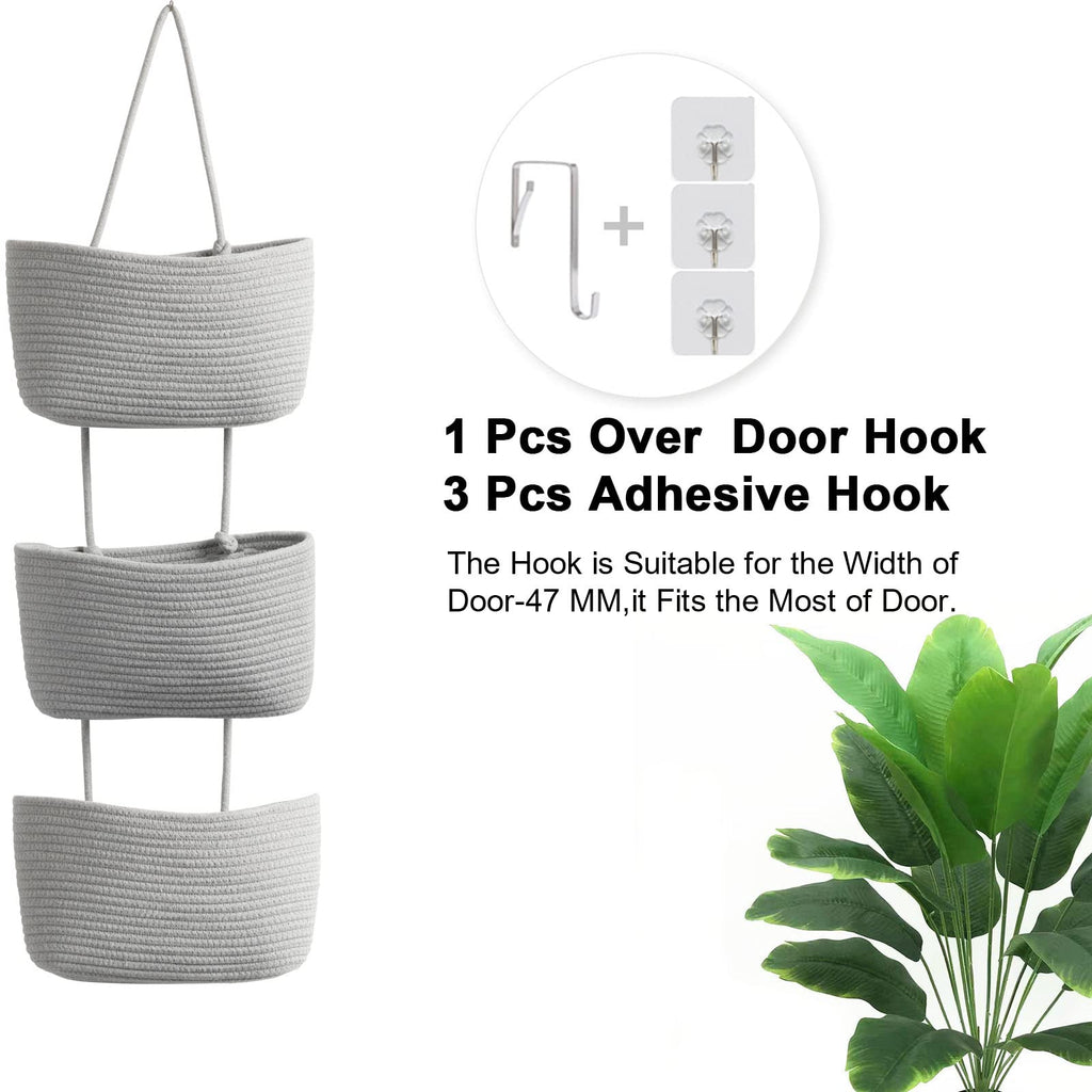 TeoKJ Over the Door Hanging Basket, 3-Tier Woven Cotton Wall-Mounted Storage Organizer Bag Decorative Hanging Nursery Baskets, Gray