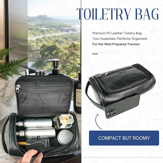 Mens Toiletry Bag, Compact Dopp Kit for Men Travel, PU Leather Shaving Kit, Water-Resistant Minimalist Organizer with Wrist Strap, Fits Grooming Essentials,Large 10x6.5x4 Inch Classic Black