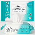Vive Disposable Washcloths for Adults & Elderly (1 Pack - 50 Count - 8"x12") – Incontinence Wipes for Men & Women – Hypoallergenic No Rinse Adult Body Wipes for Sensitive Skin – Unscented