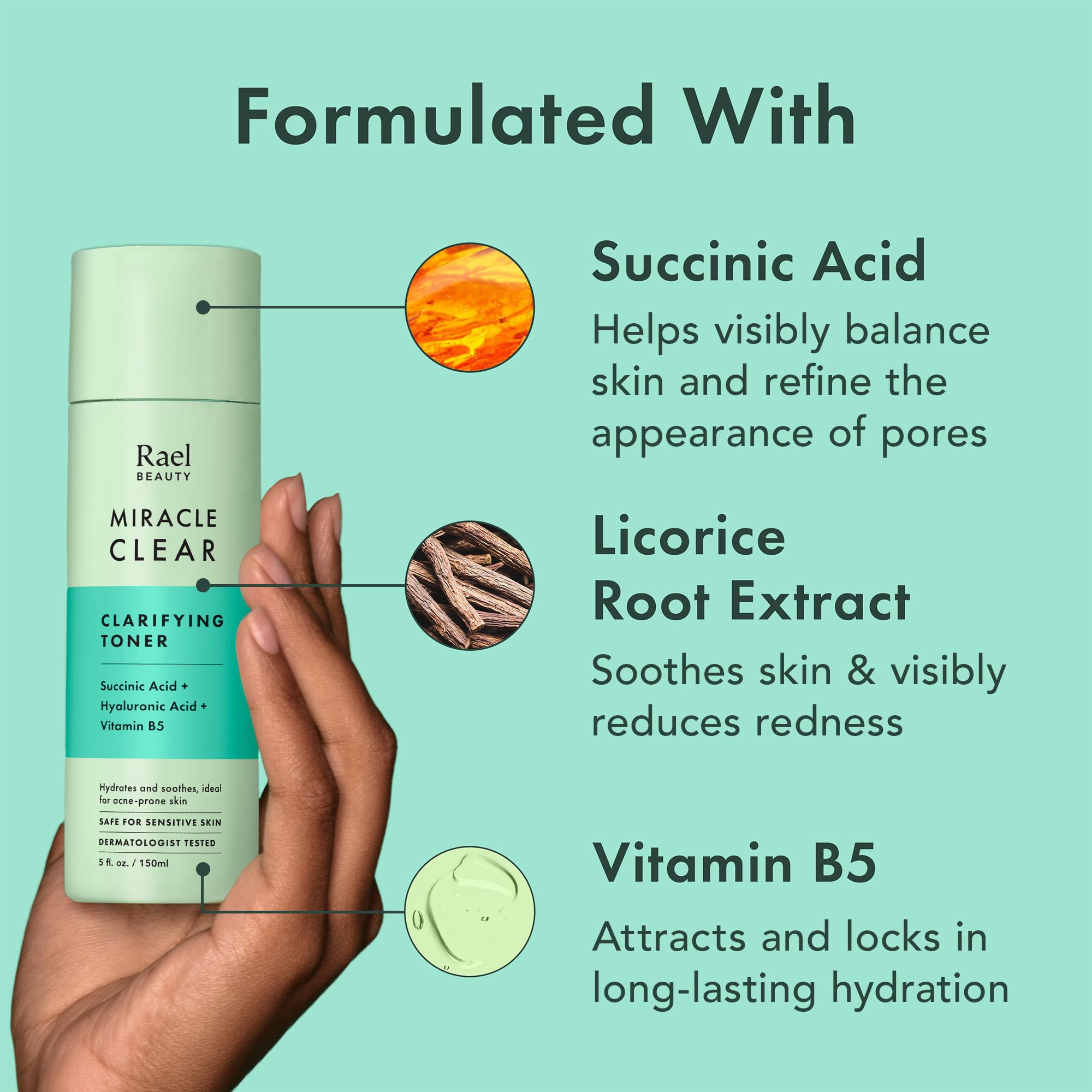 Rael Miracle Clear Toner for Face with Succinic Acid & Vitamin B5 (5.1 oz)