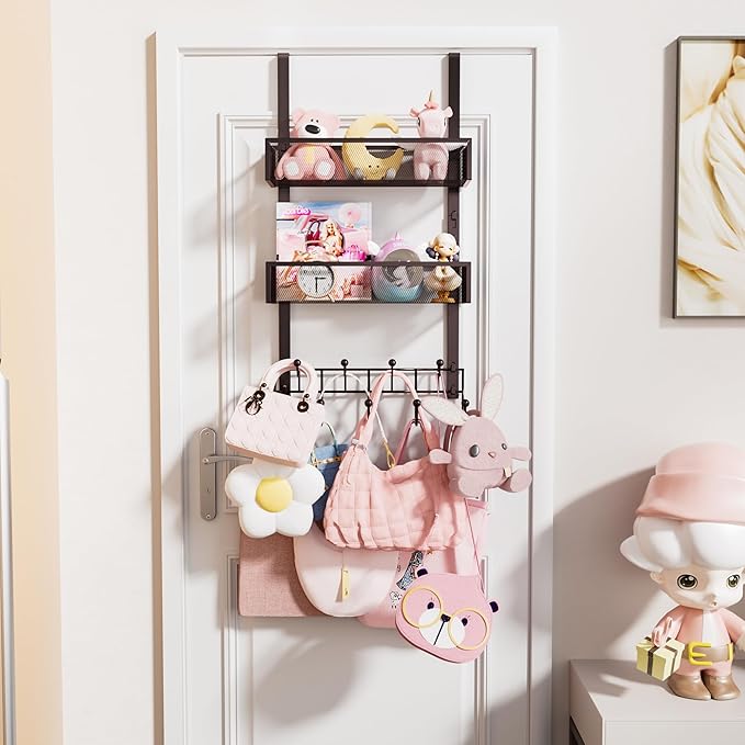 HapiRm Over The Door Hanger with Coat Hooks and 2 Baskets, Rustproof & Waterproof Over The Door Hooks, Storage Organizer for Hats, Bathroom, Kitchen, Bedroom - Bronze