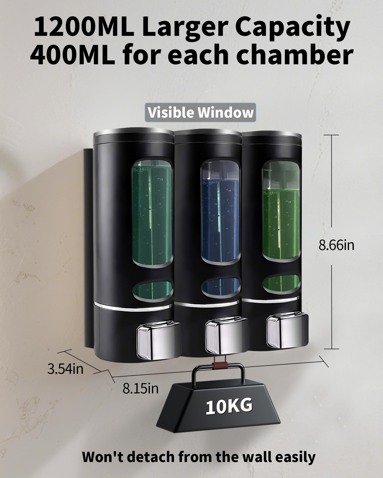 Shampoo and Conditioner Dispenser - 1200ML Wall-Mounted Shower Shampoo Dispenser 3 Chamber No Drill Body Wash Soap Dispenser for Shower, Bathroom, Hotel