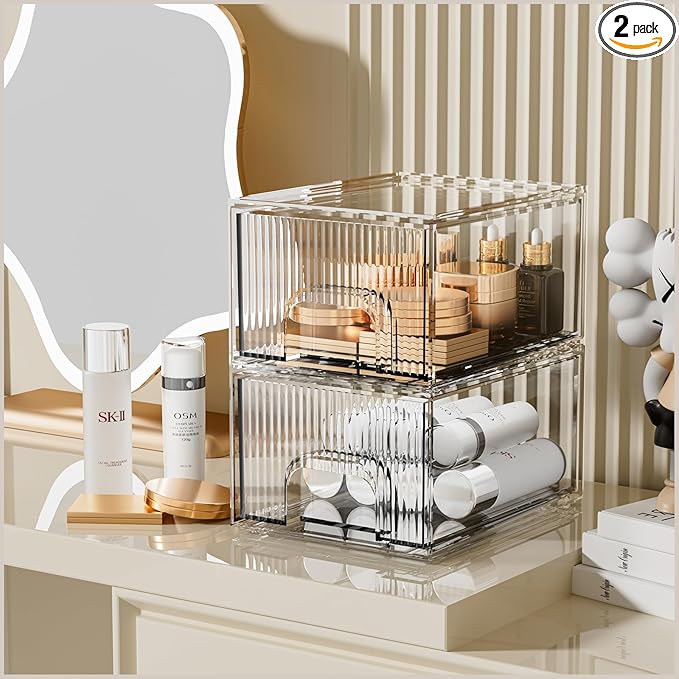 ZHIAI 2 Pack Clear Stackable Cosmetic Organizer, Acrylic Drawer, Plastic Organizer for Dresser, Vanity, Kitchen Cabinet, Pantry, Home Organization and Storage