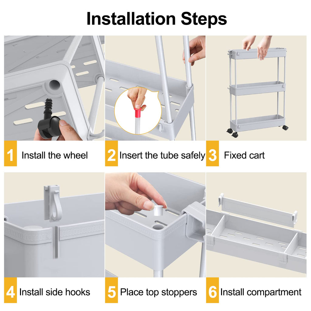 SPACELEAD Slim Storage Cart 3 Tier,Bathroom Organizer Rolling Utility,Mobile Shelving Unit Slide Out for Office, Kitchen, Laundry Room & Narrow Places,Gray
