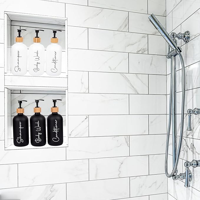 Glass Shampoo and Conditioner Pump Bottles Soap Dispenser Bamboo Pump Head Empty Glass Refillable Shampoo Conditioner Body Wash Soap Bottles for Bathroom, 17 oz, 3 Pack, White