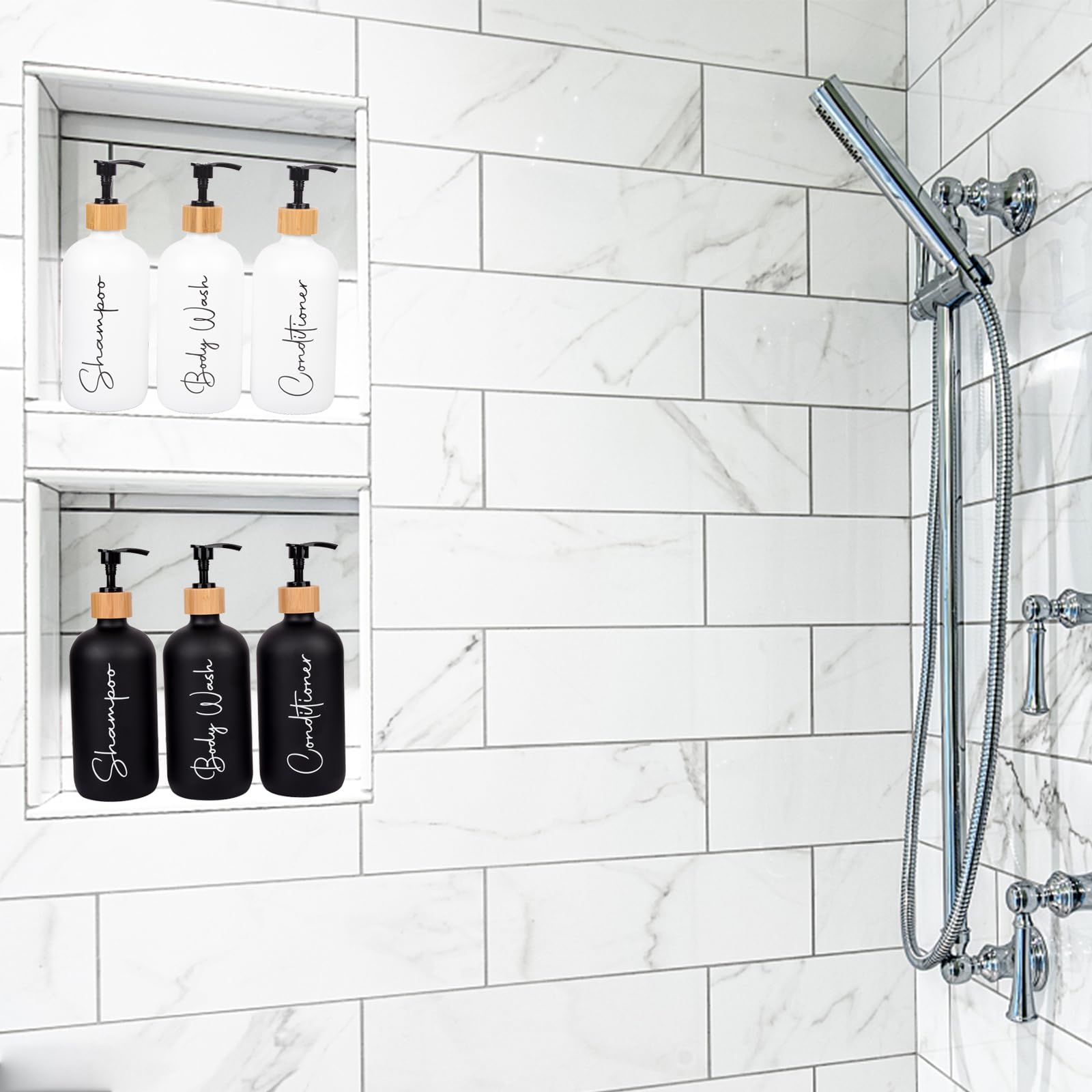 Glass Shampoo and Conditioner Pump Bottles Soap Dispenser Bamboo Pump Head Empty Glass Refillable Shampoo Conditioner Body Wash Soap Bottles for Bathroom, 17 oz, 3 Pack, White