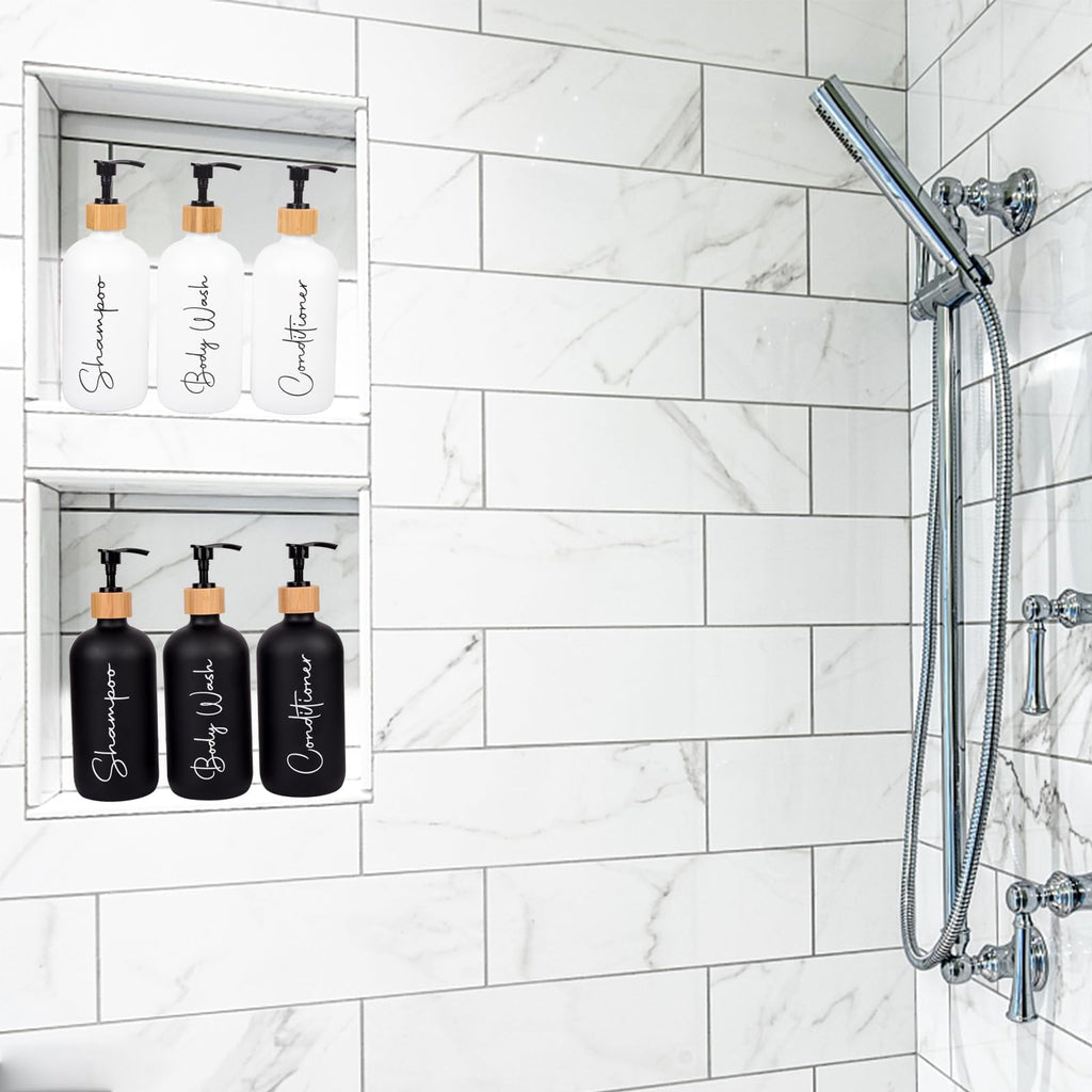 Glass Shampoo and Conditioner Pump Bottles Soap Dispenser Bamboo Pump Head Empty Glass Refillable Shampoo Conditioner Body Wash Soap Bottles for Bathroom, 17 oz, 3 Pack, Black