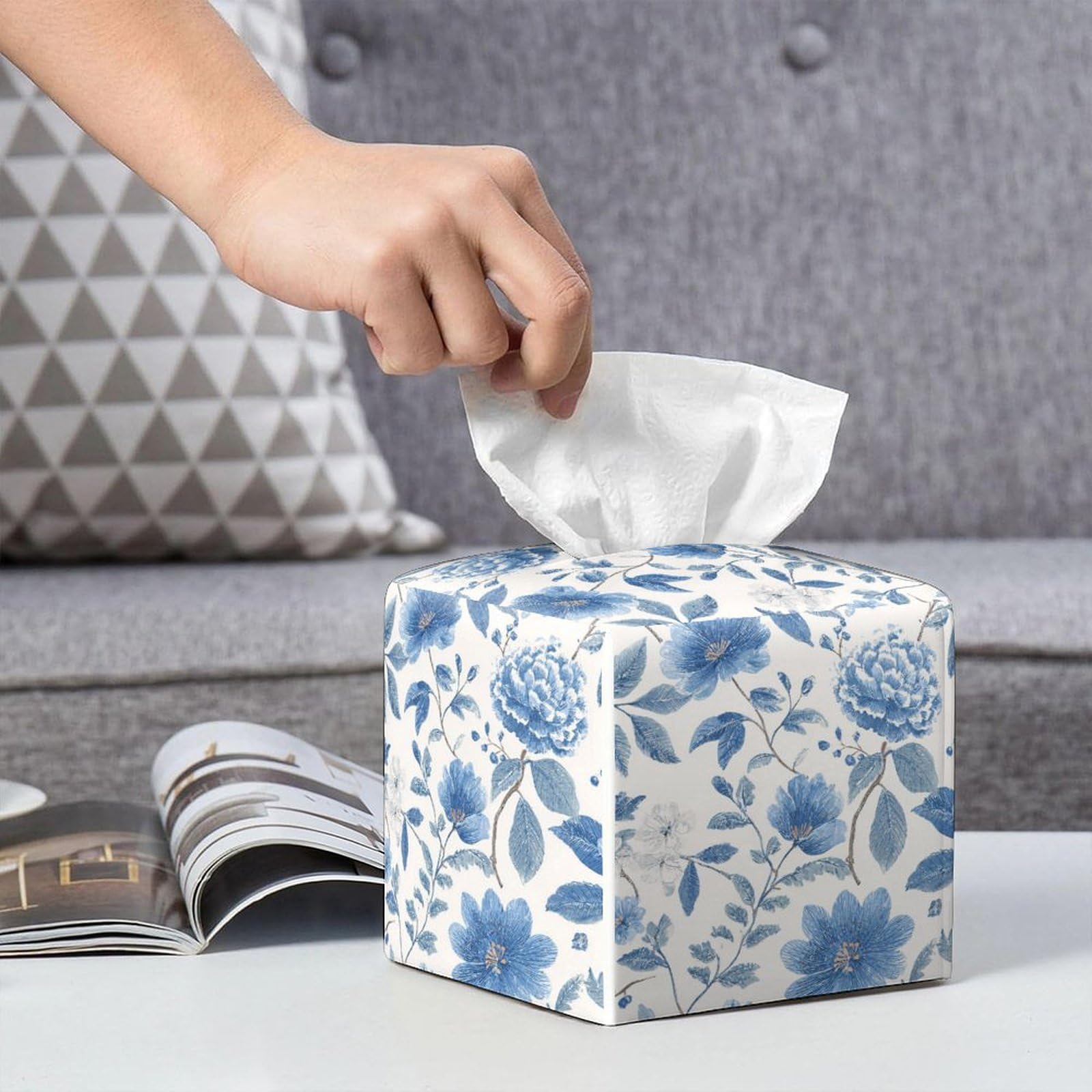 Floral Tissue Box Cover Blue Leather Tissue Box Holder Square Facial Paper Organizer Dispenser for Bathroom Kitchen Bedroom Vanity Countertop Night Stands