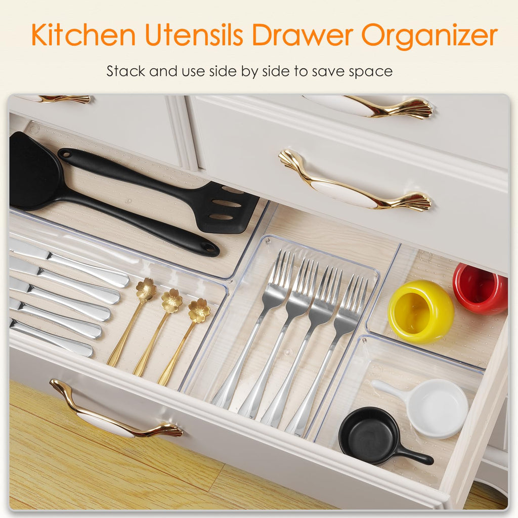 Criusia Drawer Organizer, 10 Pack Large Clear Plastic Set, 3 Size Versatile Bathroom and Vanity Organizer Trays, Storage Bins for Makeup, Bedroom, Kitchen Utensils