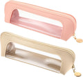 Kifmurase 2Pcs Clear Makeup Brush Bag, Leather Slim Makeup Case, Portable Transparent Waterproof Cosmetic Pouch with Zipper, Double Sided Clear Bag for Women Travel Storage (White, Pink)