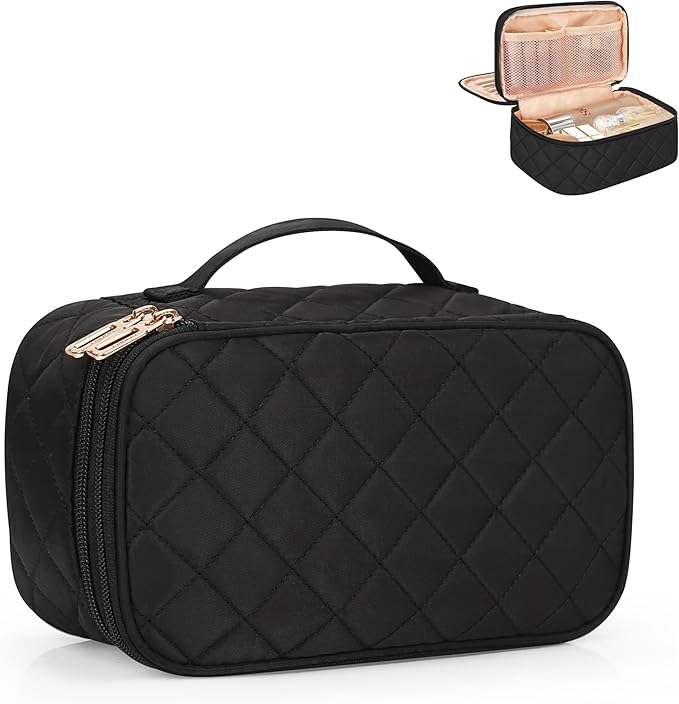 Relavel Small Makeup Bag, Travel Makeup Bag, Cosmetic Bag for Women, 2 Layer Makeup Organizer, Black Make Up Pouch Waterproof, Makeup Brush Holder, Durable Zipper (Black)