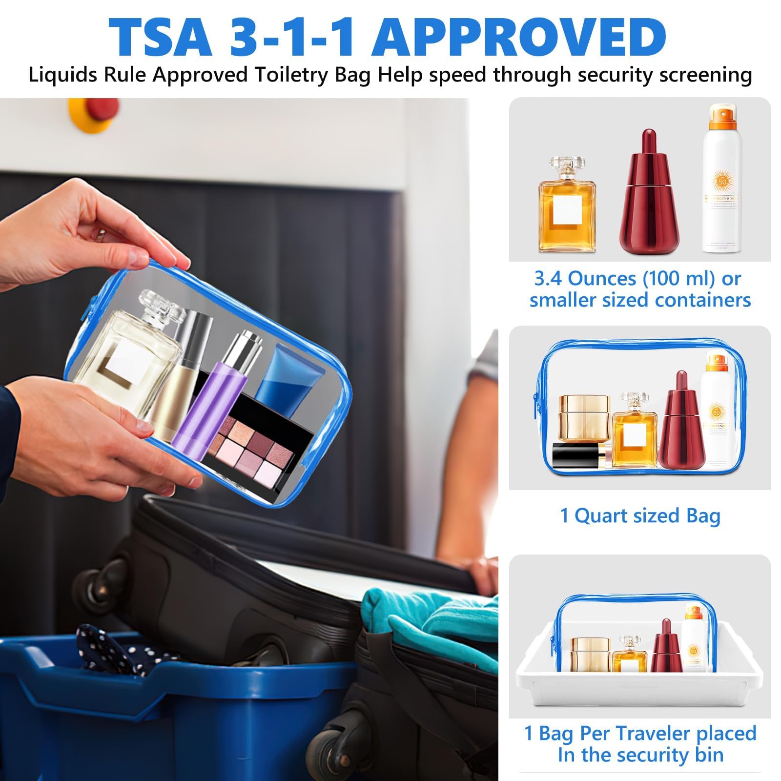 AURUZA Clear Makeup Bag,Portable Travel Toiletry Bags with Zipper, TSA Approved Clear Organizer Bags, PVC Cosmetic Pouch for Airport Airline Compliant (4 Packs Blue)