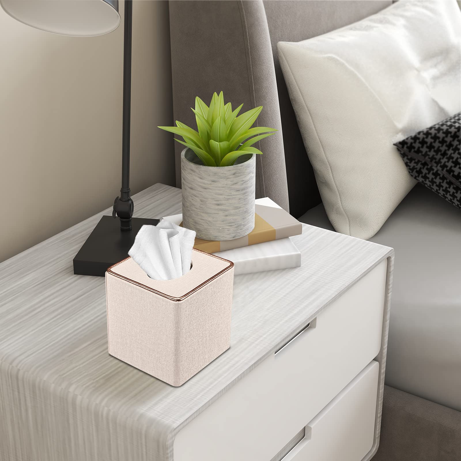 Tissue Box Cover, PU Leather Tissue Box Holder Square Box Covers for Home/Office/Car Decoration 5.3"X5.3"X5.8" - Beige