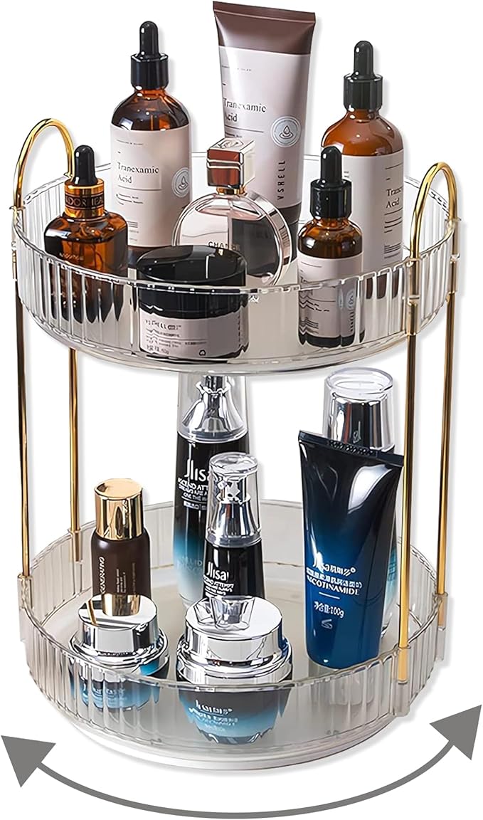 Asayuee 360 Rotating Makeup Organizer,2 Tier Large Capacity Make Up Organizers and Storage,Skincare Perfume Vanity Organizers,Bathroom Cosmetics Storage Organizer Countertop(Clear)