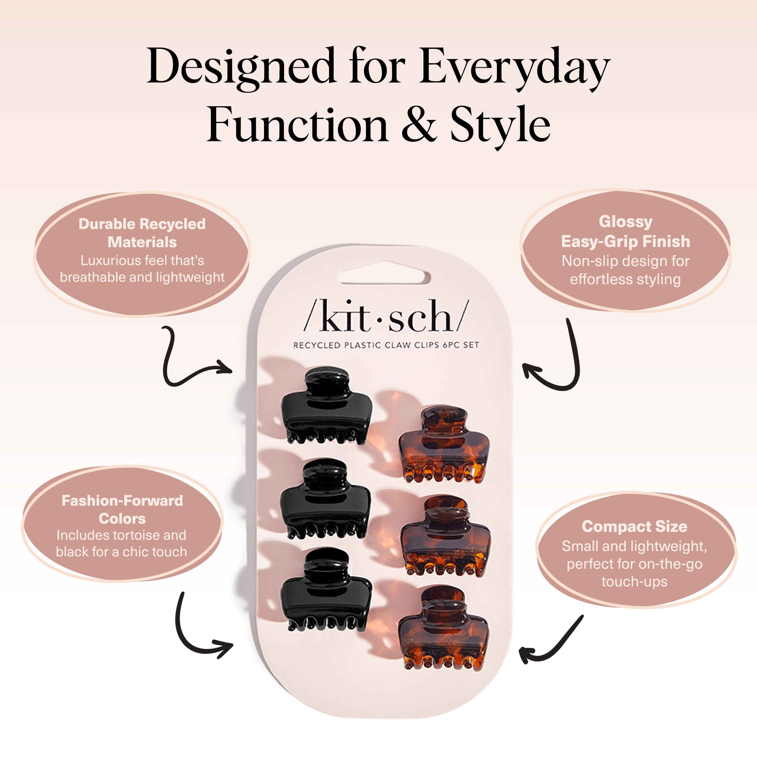 Kitsch Small Hair Clips for Women - Stays In Place Without Pulling or Snagging | Durable Plastic, Sturdy Small Claw Clips - Black & Tortoise, 6 Pcs