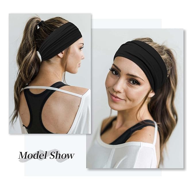 Huachi Wide Headbands for Women Black Stylish Head Wraps Boho Thick Hairbands Large African Leopard Printed Sport Yoga Turban Headband Hair Accessories (Pack of 4)