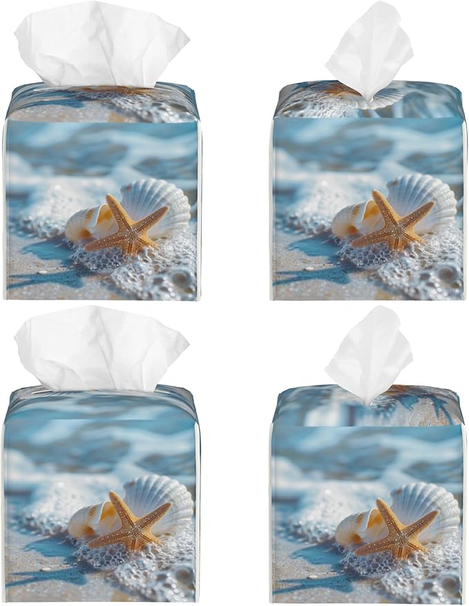 Shells Starfish on Beach Tissue Box Cover Square,Summer Ocean Shells Starfish Tissue Box Holder Waterproof Leather Facial Paper Organizer Dispenser for Bathroom Home Car Nightstand Vanity Desk