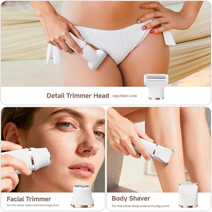 Bikini Trimmer for Women, Tiovara Painless Electric Razors Shaver IPX7 Waterproof Cordless Body Hair Trimmer Pubic Hair Removal with USB Charge Dock for Underarm Leg Arm Body Face Silk Skin (White)