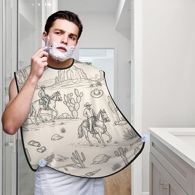 Non-Stick Beard Bib for Shaving, Western Desert Cowboy Riding Horses Shave Bib, Waterproof Hair Catcher with Suction Cups, Grooming Apron Men Husband