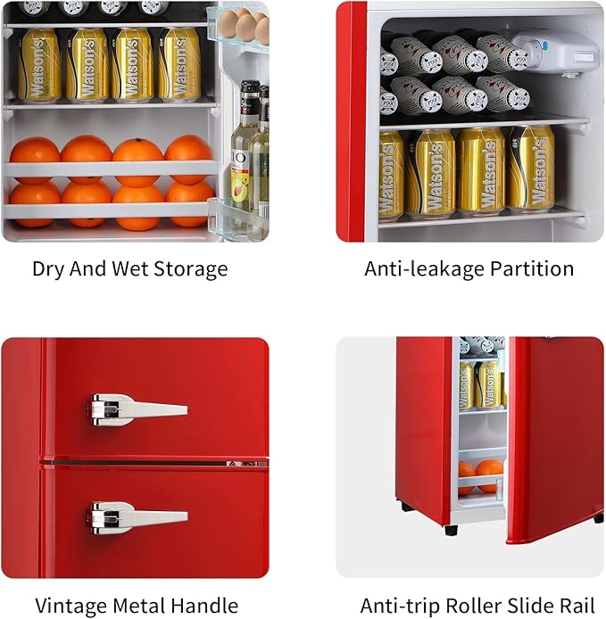 KRIB BLING Mini Fridge With Freezer,Refrigerator With 2 Doors,7- Level Adjustable Thermostat, Removable Glass Shelves For Bedroom, Office, Kitchen, Apartment, Dorm, 3.5 Cu. Ft Red