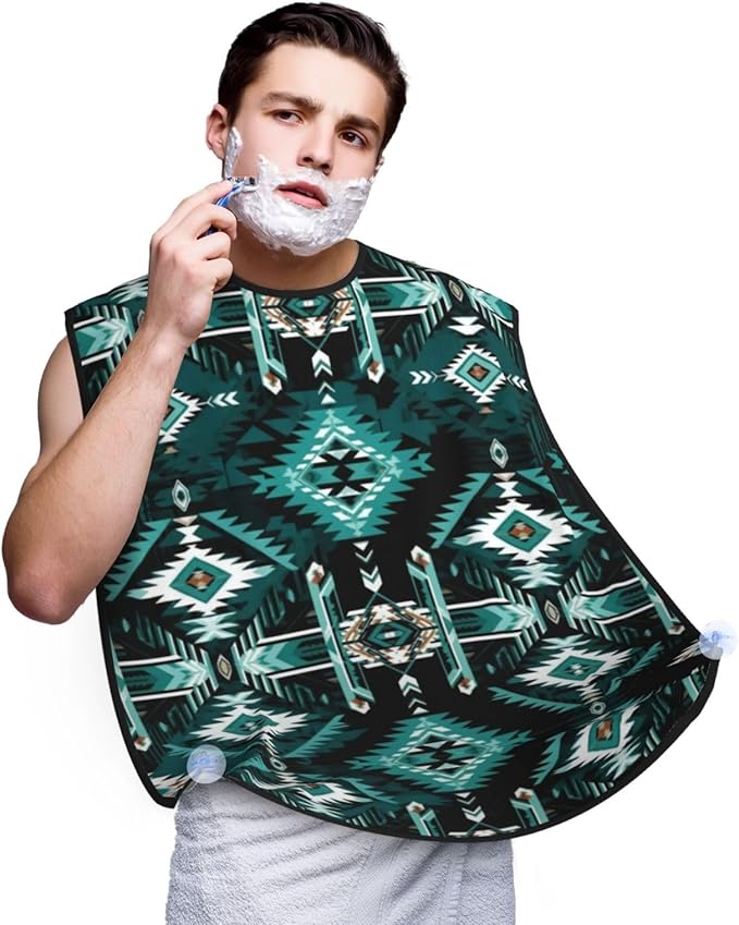 Waterproof Beard Grooming Bib, Teal Turquoise Tribal Navajo Aztec Geometric Ethnic Pattern Shave Bib, Non-Stick Hair Catcher for Shaving Trimming, Apron Essential for Men Dad