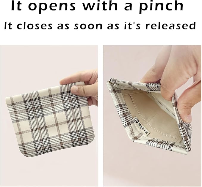 HIGH FIT Leather Pocket Cosmetic Bag for Purse,Coin Purse Lipstick Cosmetic Accessories Organizer, Travel Kit Storage Pouch,Waterproof Portable No Zipper Self-closing (Tartan)