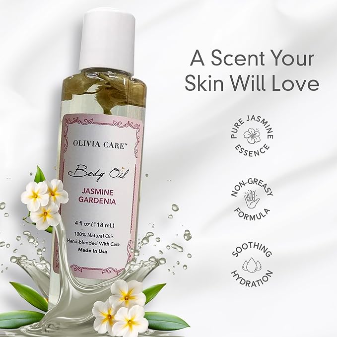 Olivia Care Jasmine Gardenia Body Oil Vegan & Natural Oil For Women | Hydrating & Moisturizing After Bath Oil - with VITAMIN E, K & Omega Fatty Acids Reduce Dry Skin - 4 OZ