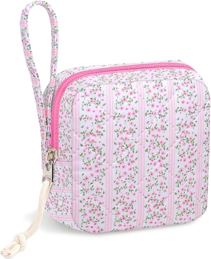 Chicarries Small Makeup Bag | Discreet Period Bag Pad Pouch for Purse| Sanitary Napkin Storage & Tampon Holder for Travel (Cute flower pink)
