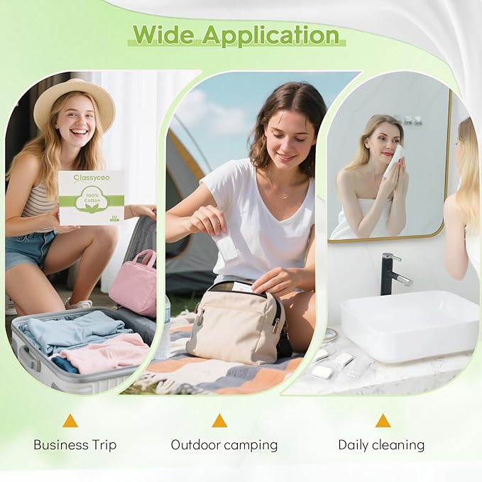 Classycoo Compressed Towel- Pure Cotton Disposable Face Towel, Mini Ultra-Soft Coin Portable Tissue Cleansing Camping Tablet for Travel, Hiking, Beauty, Sport, Hand Cloths, Outdoor,Green