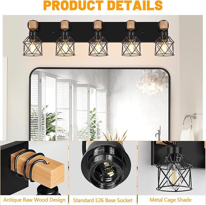 FadimiKoo 5-Light Black Bathroom Light Fixtures, Vanity Lighting Fixtures