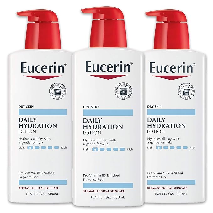 Eucerin Daily Hydration Body Lotion for Dry Skin, Unscented Body Moisturizer with Sunflower Oil and Pro-Vitamin B5, 16.9 Fl Oz Bottle, Pack of 3