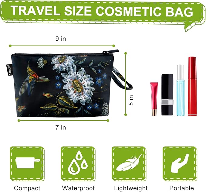 Gloppie Small Makeup Bag for Purse, Make Up Pouch, Zipper Travel Cosmetic Bag, Portable Mini Toiletry Bag, Travel Essentials for Women Hummingbird Daisy
