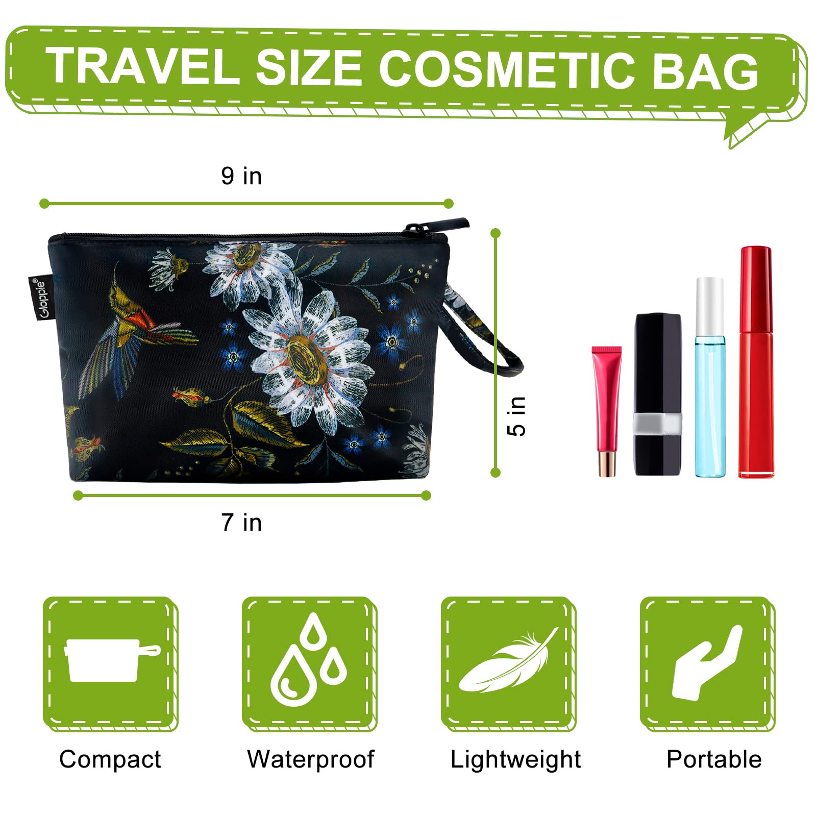 Gloppie Small Makeup Bag for Purse, Make Up Pouch, Zipper Travel Cosmetic Bag, Portable Mini Toiletry Bag, Travel Essentials for Women Hummingbird Daisy