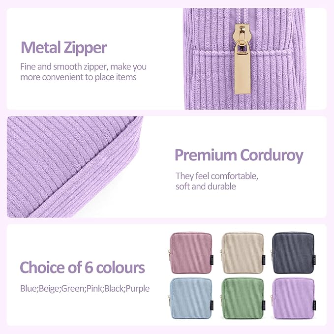 MAGEFY Small Makeup Bag Mini Cosmetics Bag Makeup Bag for Purse Corduroy Cute Cosmetic Pouch for Women with Slip-in Pockets (Purple)