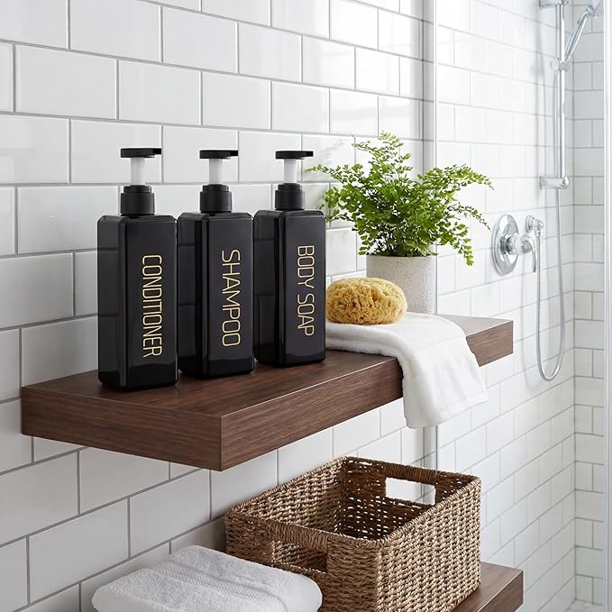 Shampoo and Conditioner Dispenser Shower Soap Bottles 3 Pack 550ml/18.6oz Refillable Shampoo Pump Bottle Dispenser Plastic Empty Body Wash Dispensers with Stylish Permanent Labels for Bathroom (Black)