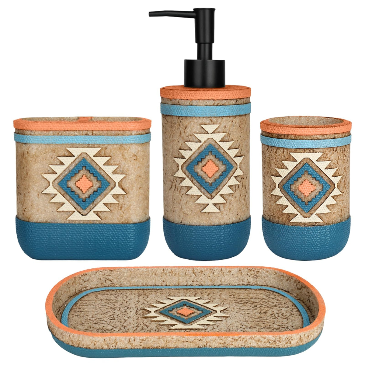 Handmade Blue Mosaic Glass Bathroom Accessory Sets 4PCS Bathroom Accessories Set Complete Includes Lotion Dispenser Toothbrush Holder Tumbler Cup & Soal Dish