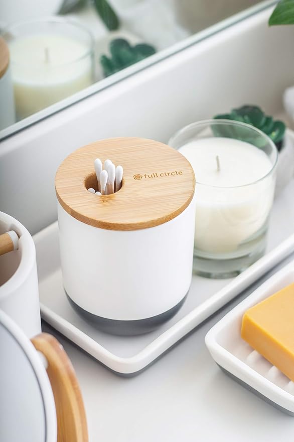 Full Circle Pick Me Up Cotton Swab and Q-Tip Canister, White & Bamboo