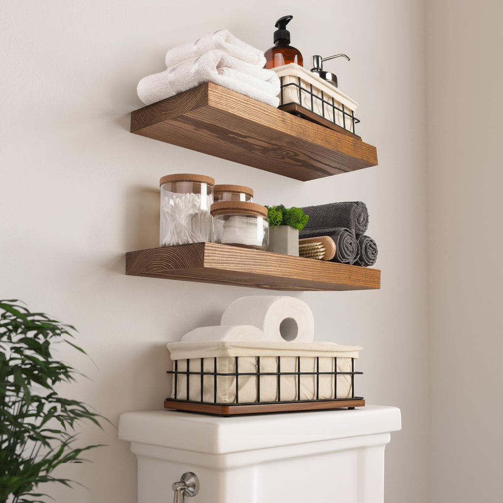 BAOBAB WORKSHOP Wooden Bathroom Basket Organizer & Storage, Toilet Paper Basket for Back of Toilet Tank Topper Tray, Paper Holder Basket for Bathroom Decor Box with Liners, Solid Wood & Wire, Set of 2