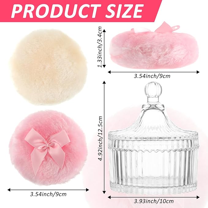6 PCS Large Body Powder Puff and Container, 2 Pack 5.3" Body Powder Container with 4 Powder Puff,Washable Large Body Powder Puff Dish,Powder Puff Crystal Container,Soft Velour Face Body Powder Puff